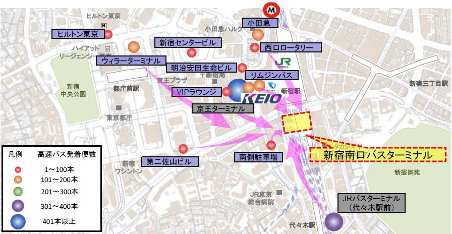 新宿站周围巴士站分布图
